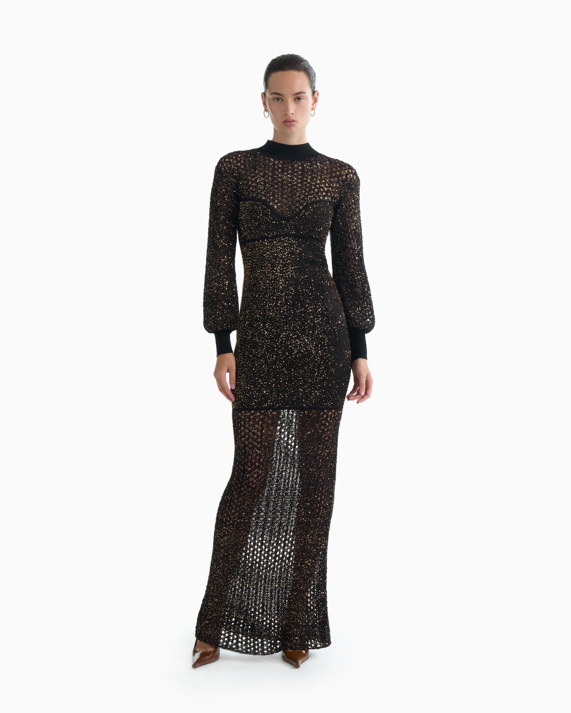 GAIA crochet sequin maxi dress in black gold GAIA crochet sequin maxi dress in black gold
