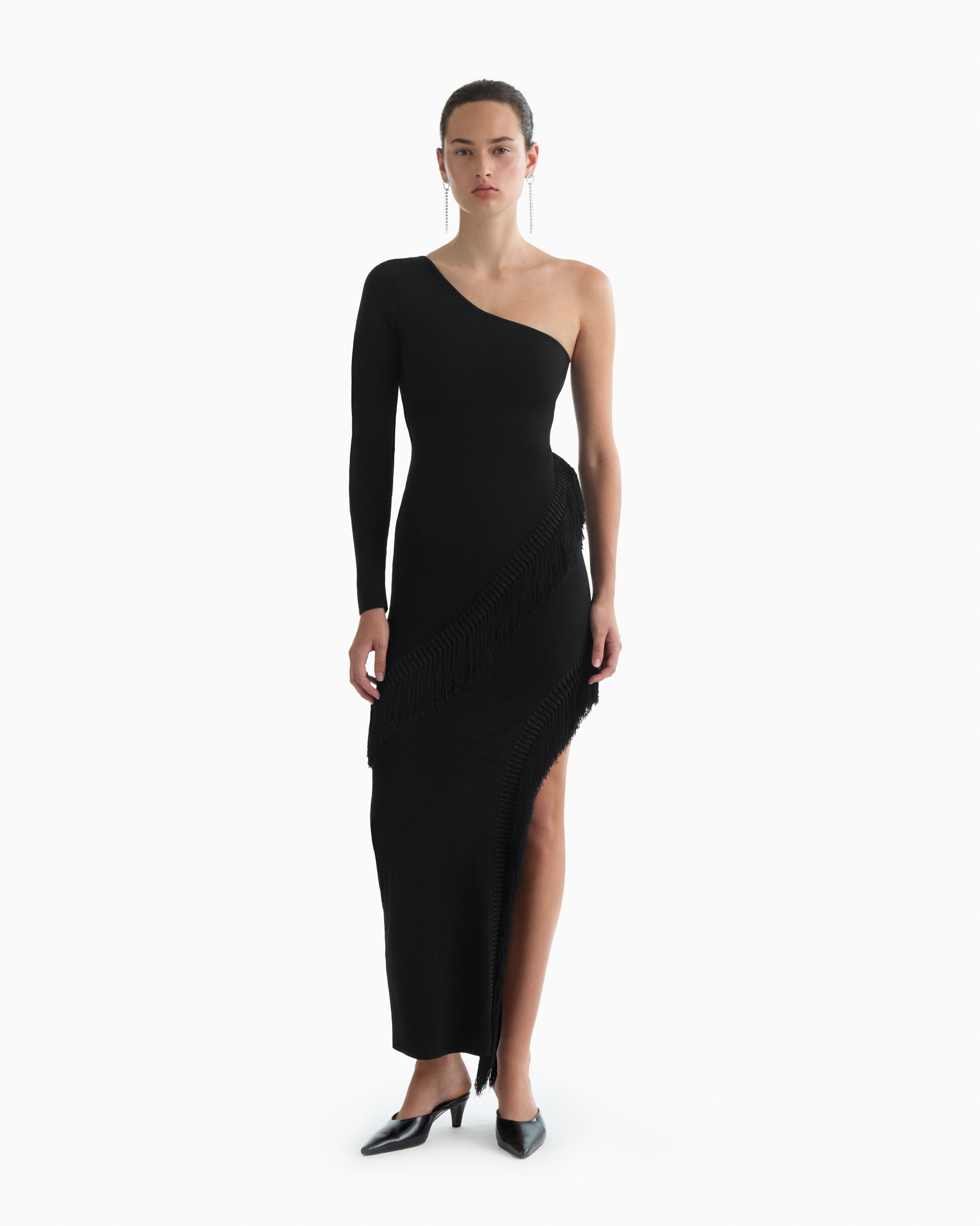 ROSIE asymmetrical fringe dress in noir ROSIE asymmetrical fringe dress in noir