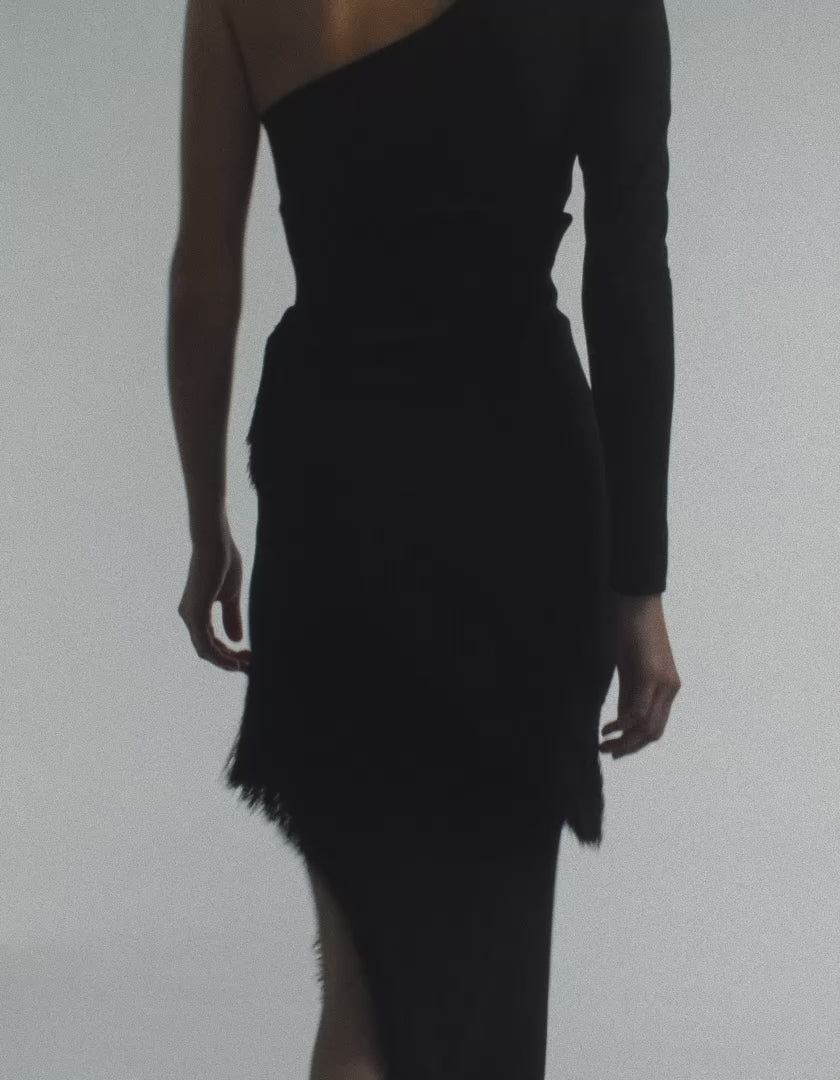 ROSIE asymmetrical fringe dress in noir