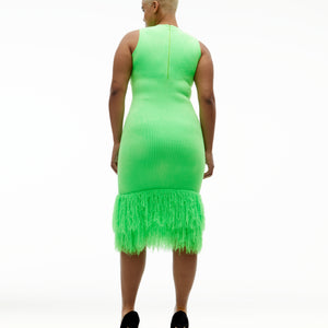 Layered fringe midi dress in vert fluo