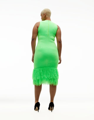 Layered fringe midi dress in vert fluo