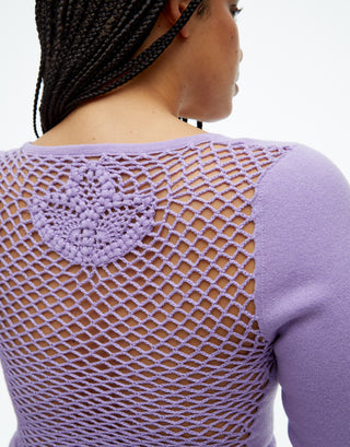 Tulip open knit illusion back bodysuit in lavender